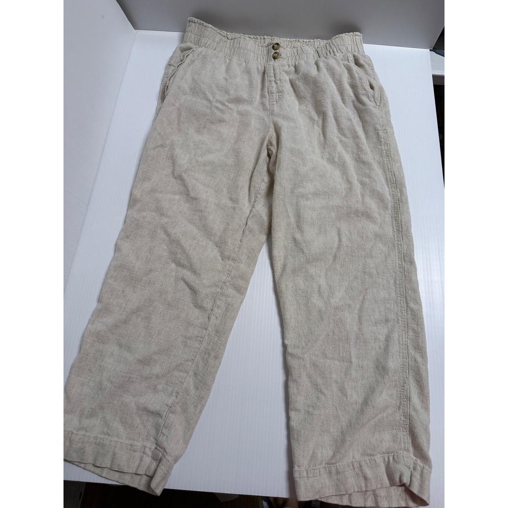 Briggs Womens Linen Blend Pull On Pants Beige Elastic Waist Cropped Large